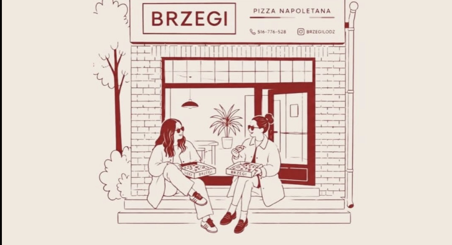 Witryna Brzegi Pizza Napoletana — goście z pizzą na schodach